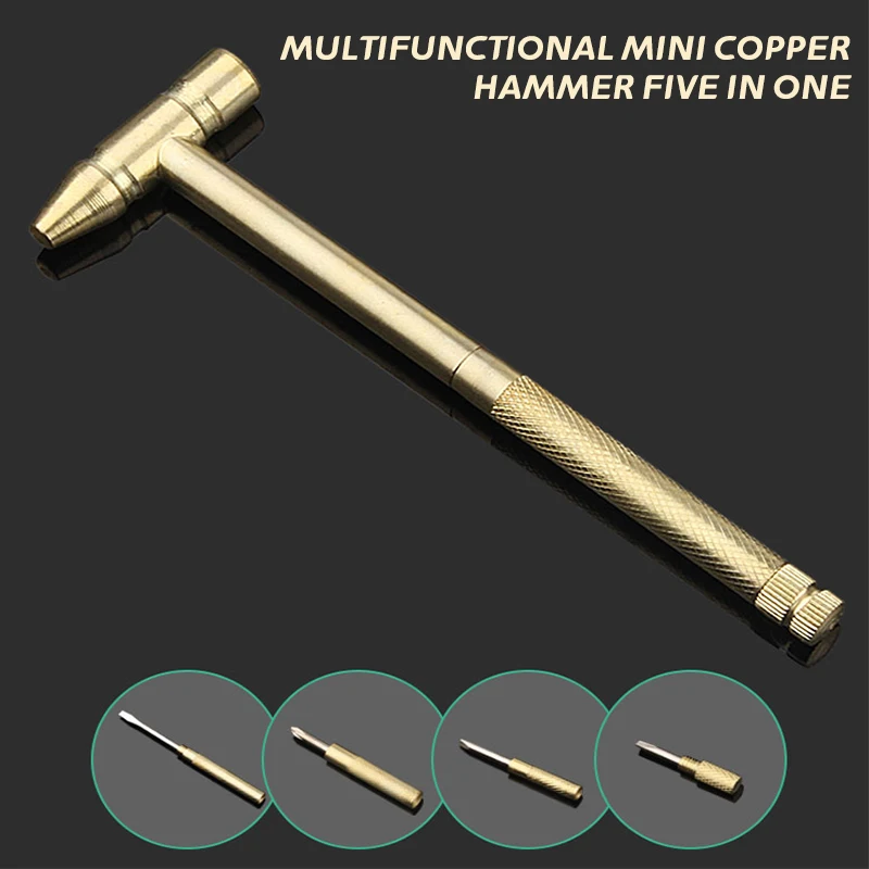 New 6 in 1 Micro Mini Multifunction Multi Brass Hammer 3 kinds Screwdriver Bits Pocket DIY Tools small round hammer  5 in 1