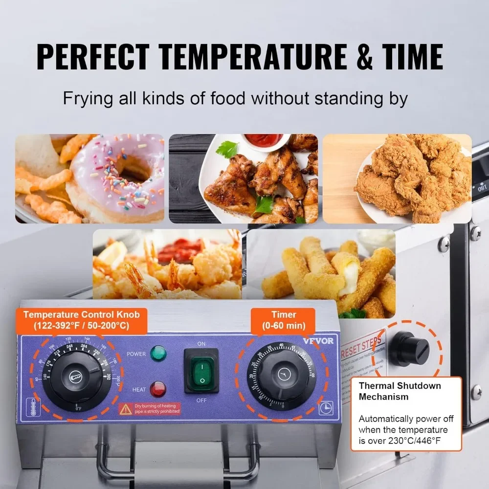 Commercial Electric Deep Fryer, 24L 3000W w/Dual Removable Basket, Electric Countertop Fryer w/Time Control and Oil Filtration