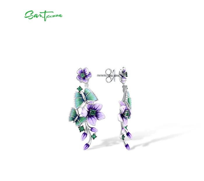 SANTUZZA Ohrstecker aus reinem 925er Sterlingsilber für Damen, lila Blume & Schmetterling, grüner Spinell, edler Schmuck, handgefertigt, Emaille – Detail 4