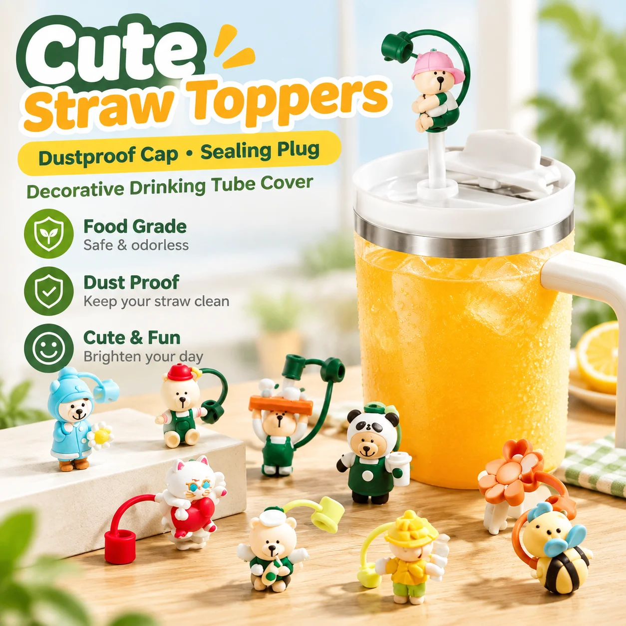 Cute Food-Grade Straw Topper Dustproof Cap Creative Beverage Sealing Plug Decorative Drinking Tube Cover