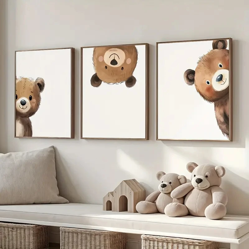 

3pcs/set Bear Baby Peeping Canvas Posters Forest Animal Creative Birthday Gifts, Living Room, Bedroom, Kitchen Corridor Decor