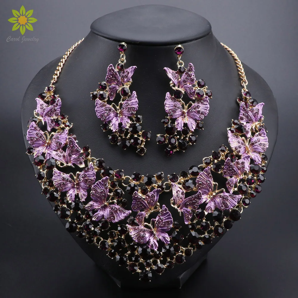 Purple Crystal Necklace Earrings Set Butterfly Jewelry Sets for Brides Gift for Women Wedding Party Indian Costume Jewellery