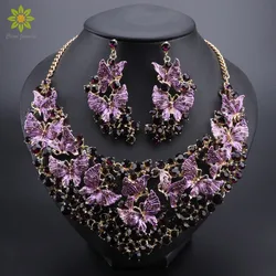 Purple Crystal Necklace Earrings Set Butterfly Jewelry Sets for Brides Gift for Women Wedding Party Indian Costume Jewellery