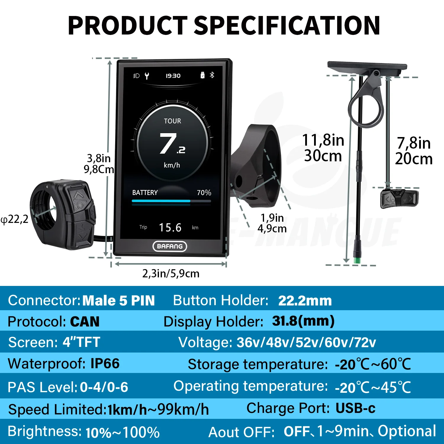 Bafang DPC010.CN TFT LCD-Display 0-6 Modi Bluetooth 5.0 Tachometer für Bafang Mittelmotor CAN-Protokoll M510 M600 M560 M510 M420 – Detail 2