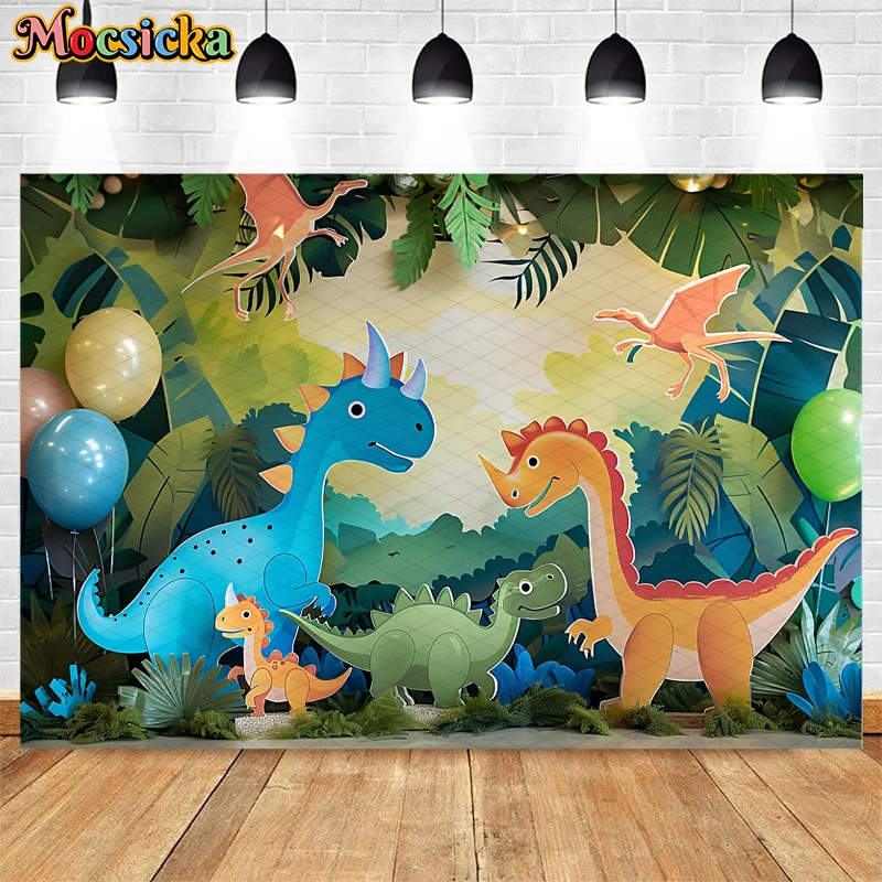 Mocsicka Photography Background Tropical Jungle Dinosaur Animal 1st Boy Birthday Party Cake Smash Decor Backdrop Photo Studio