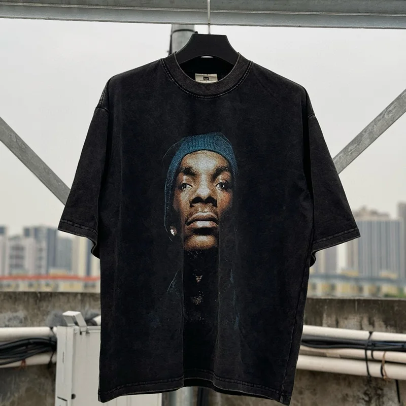 

Chaopai Hip Hop Rap Singer Portrait Printing T Shirt Men Woman Good Quality Washed Vintage Loose Casual Tops Tee