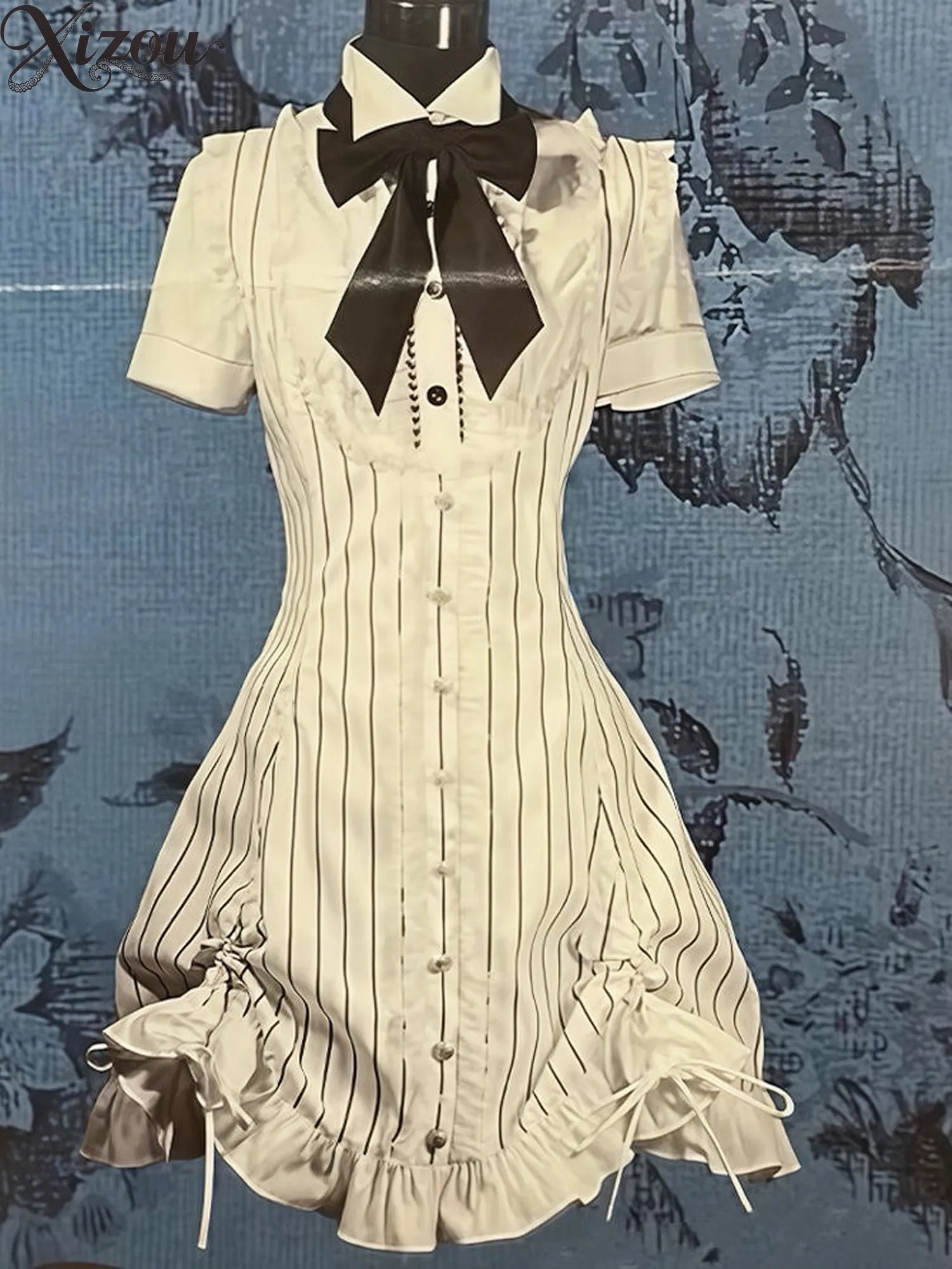 Vintage Mass‑Produced Gothic Lolita Dress Stripe Print Bow Tie Drawstring Ruffle Hem Short Sleeve Collared Subculture Dresses