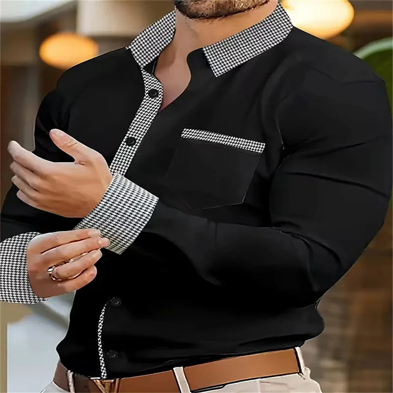 Camisa masculina de abotoar, lapela de manga comprida, tops de bolso confortáveis, plus size, monocromática, férias diárias, casual, novo, 2024