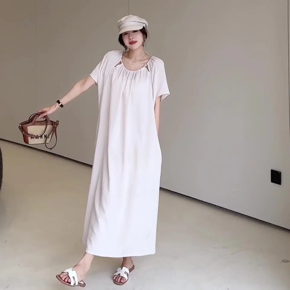 فستان صيفي رائع من القطن والكتان بأكمام قصيرة أنيق طويل مقاس كبير مطرز للعطلات فستان نسائي فضفاض مناسب رداء Elbise