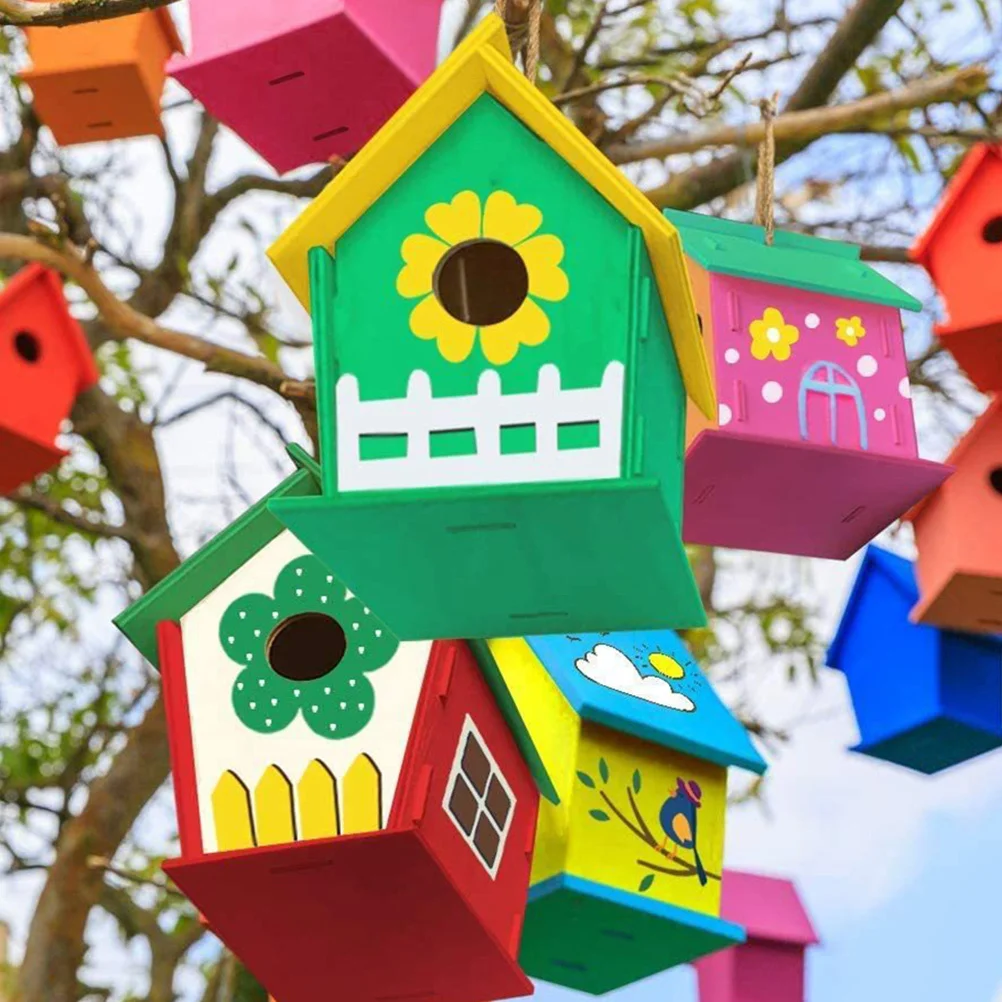 1 مجموعة بيت الطيور الرياح الرنين عدة DIY بها بنفسك منزل خشبي مجموعة أدوات رسم تطوير المهارات الحركية الدقيقة للأطفال الحرفية بناء الطلاء بيوت الطيور الرياح #2