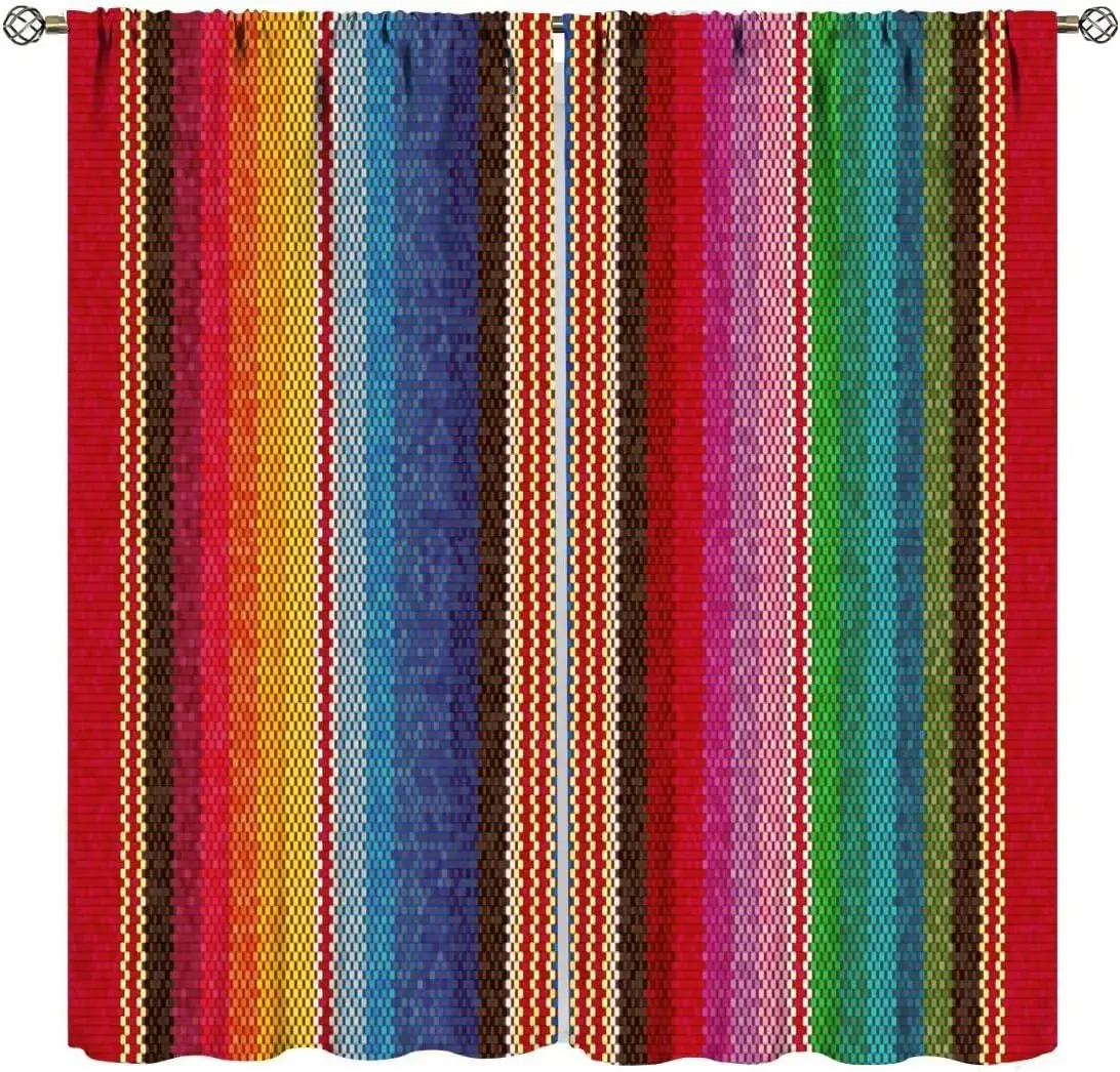 Boho Mexican Woven Color Stripe Blackout Curtain 2 Panels Bright Ethnic Vertical Line Print Window Drape Homestay Studio Bedroom