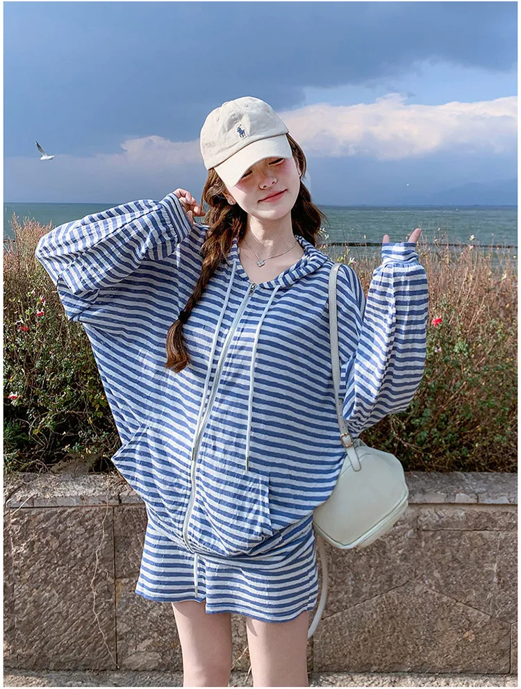 

Casual Blue Striped Open Cardigan Shorts Set Women's Fashion Summer Collection Anti-UV Cute Age-Defying Two-Piece Ensemble
