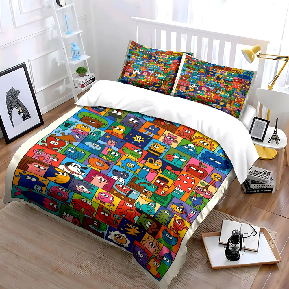 Colorful Cartoon Character Collage Printed Duvet Cover Set 1 Duvet Cover+2 Pillowcase Multi Size Bedroom Bedding Decor