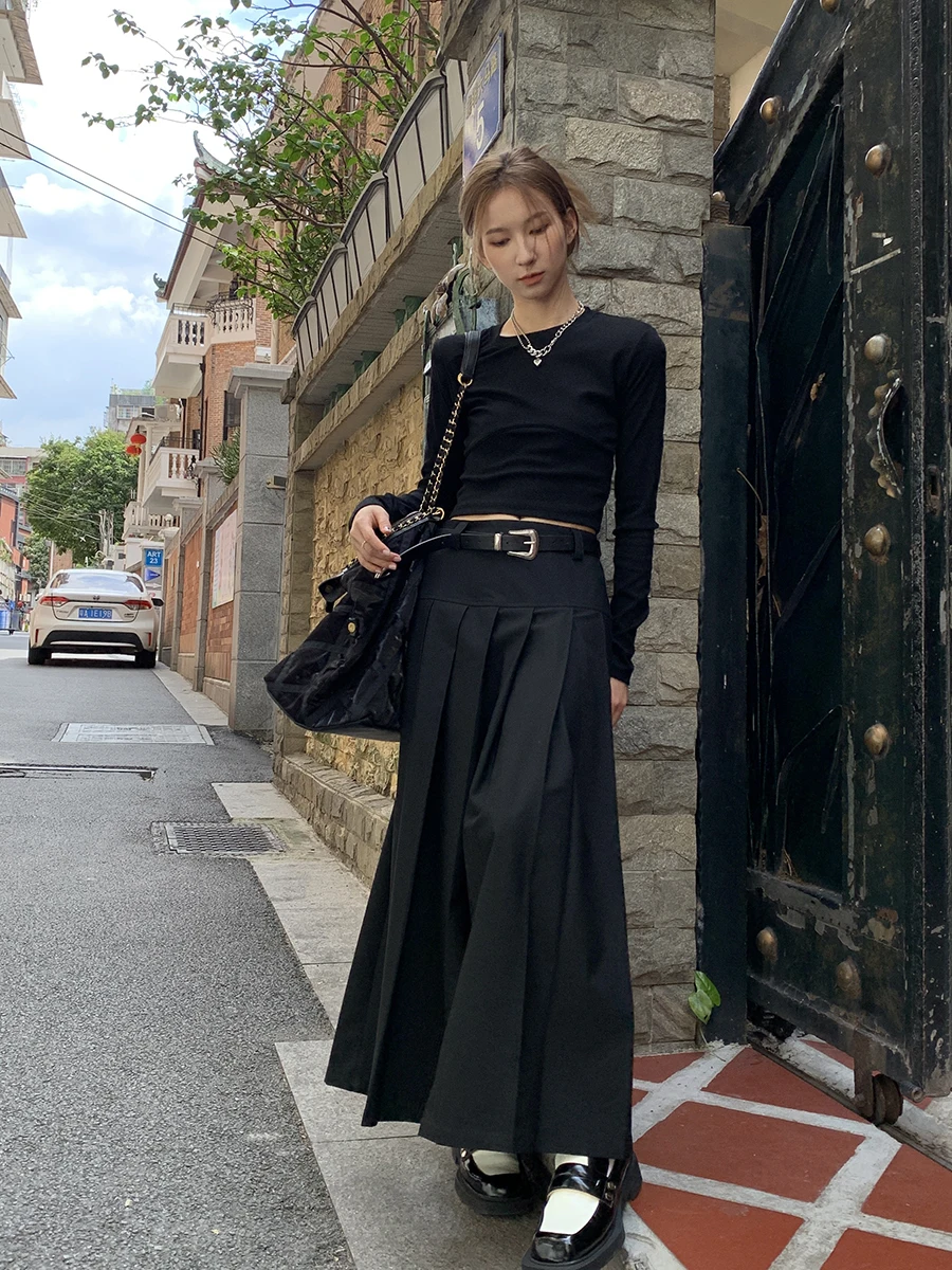 

Slimming High Waist ey Pleated Skirt Suit f-length Women's Faionable Long Skirt Polyester Urethane Elastic Fiber A-lin...