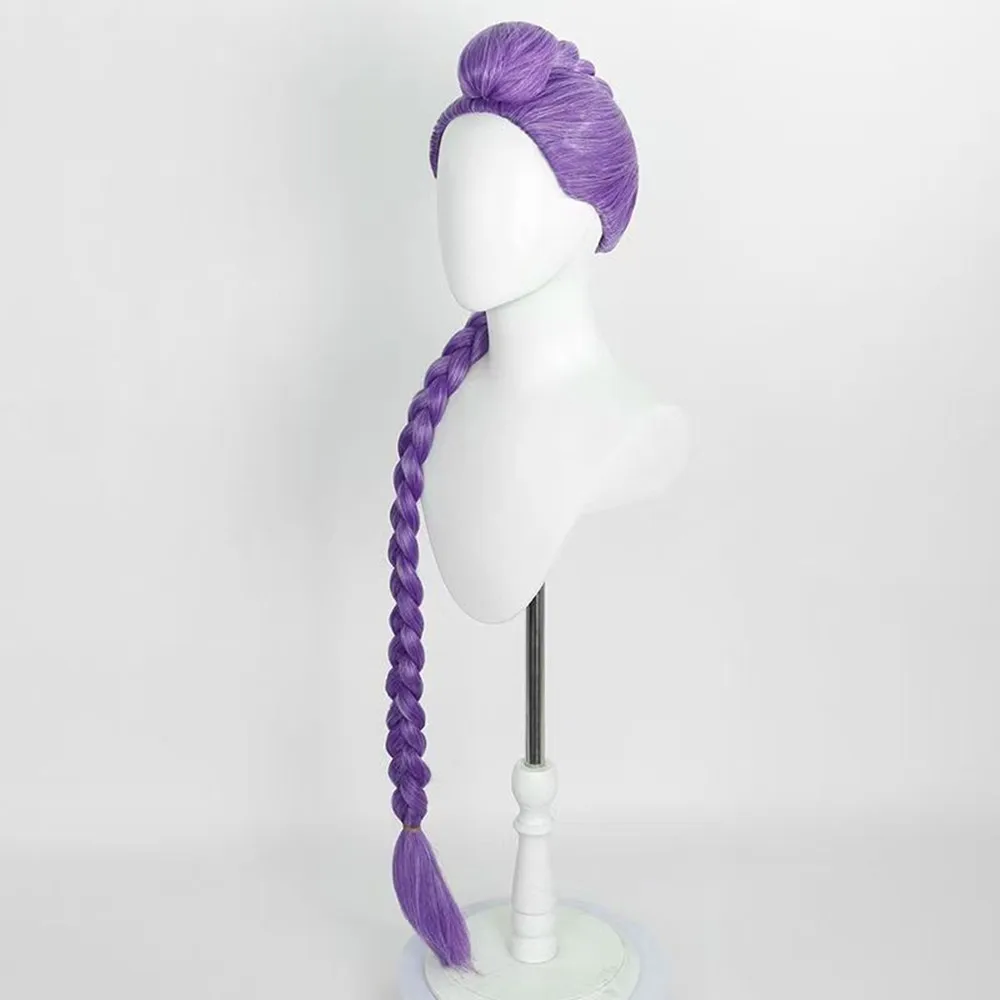 데몬 헌터 루미 코스프레 가발 42인치 현실적인 두피 보라색 큰 땋은 머리 여성용 포니테일이 있는 내열성 섬유