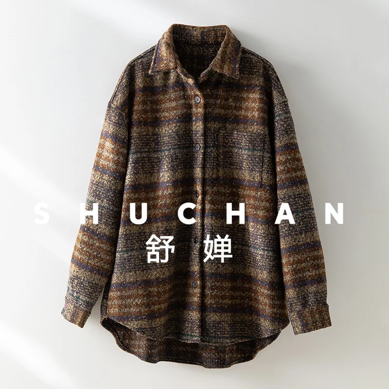 2025 otoño e invierno nueva camisa a cuadros gruesa chaqueta suave cerosa cómoda lana tela mixta camisa de manga larga neutra