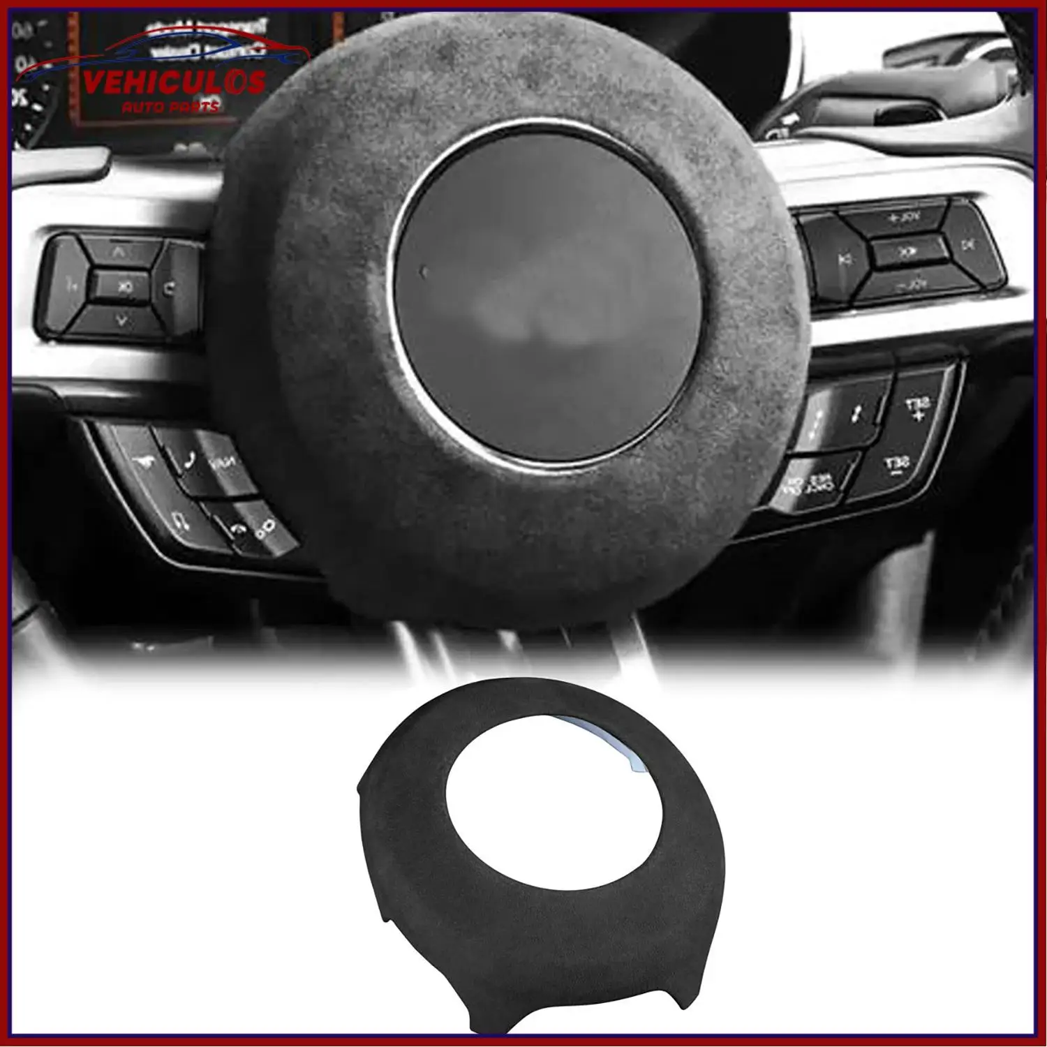 Auto Suede Leather Steering Wheel Cover Trim Dark Grey For Ford Mustang 2015-2022