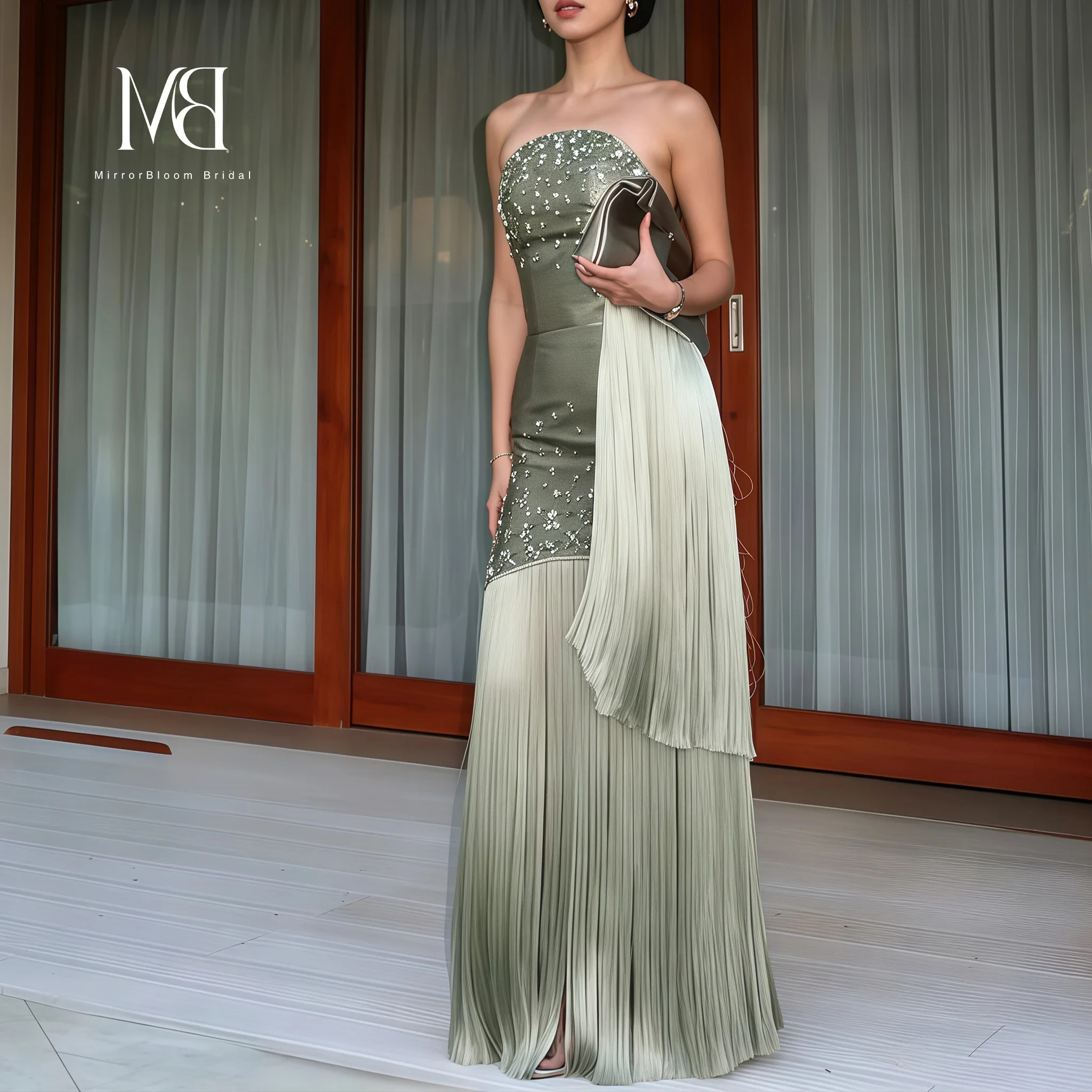 Green Satin Strapless Mermaid-Style Floor-Length Formal Ball Gown with Tassels And Beading Women's Evening Dress