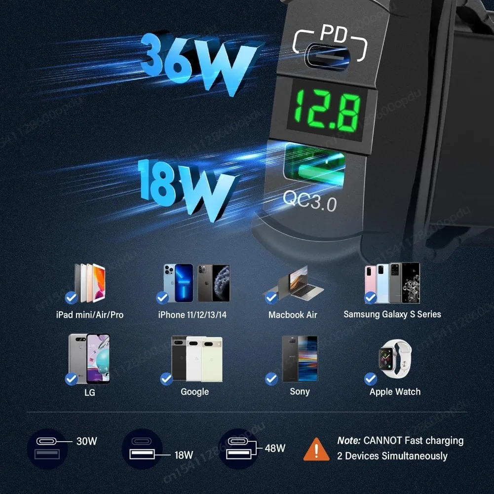 54W 12V Rocker Type Charger Socket Type-C PD & USB-A QC 3.0 Charger Port with Voltmeter for Car Marine Rv Vehicles Motorcycle