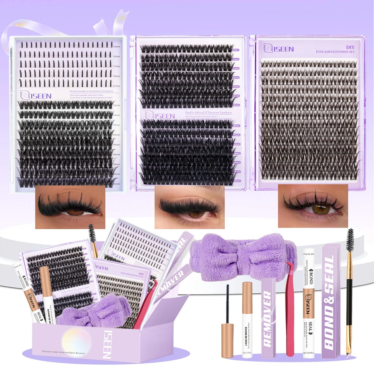 ISEEN 個別まつげエクステキット 3箱入り ミックススタイル ふわふわ 厚め DIYまつげキット ピンセット まつげ接着剤付き