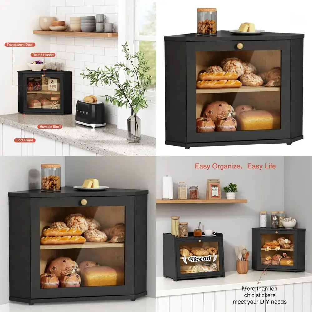 

Black Dual-Layer Kitchen Counter Bread Box, Large Storage for Homemade Bread, Under Cabinet Mountable Pantry Shelf