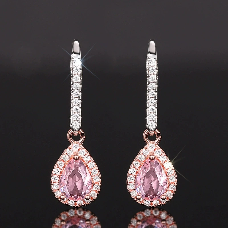 Pear Cut Pink Zircon Pendant Hoop Earrings For Women Two Tone Rose Gold Silver Color Water Drop Wedding Party Jewelry