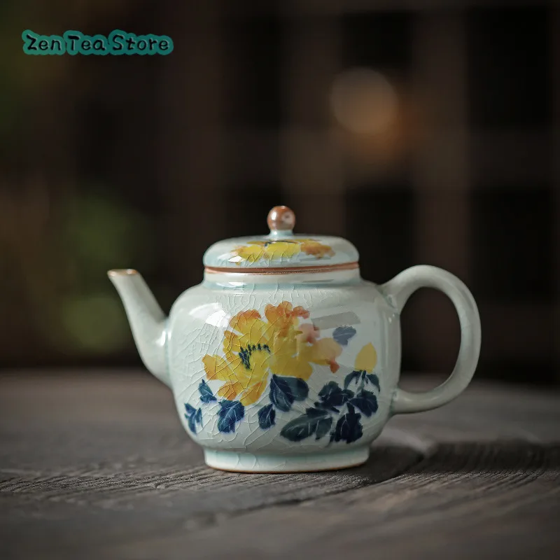 Shadow Green Ice Crack Hand-painted Teapot Single Pot Ceramic Kung Fu Tea Set Chinese Retro Home Small Pot Bearing Teapot