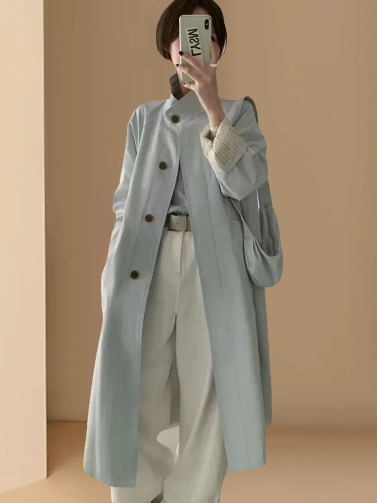 Beige Striped Women's Long Stand Collar Windbreaker Spring Autumn New Style Korean Style Small Size Fashion Outerwear Coat