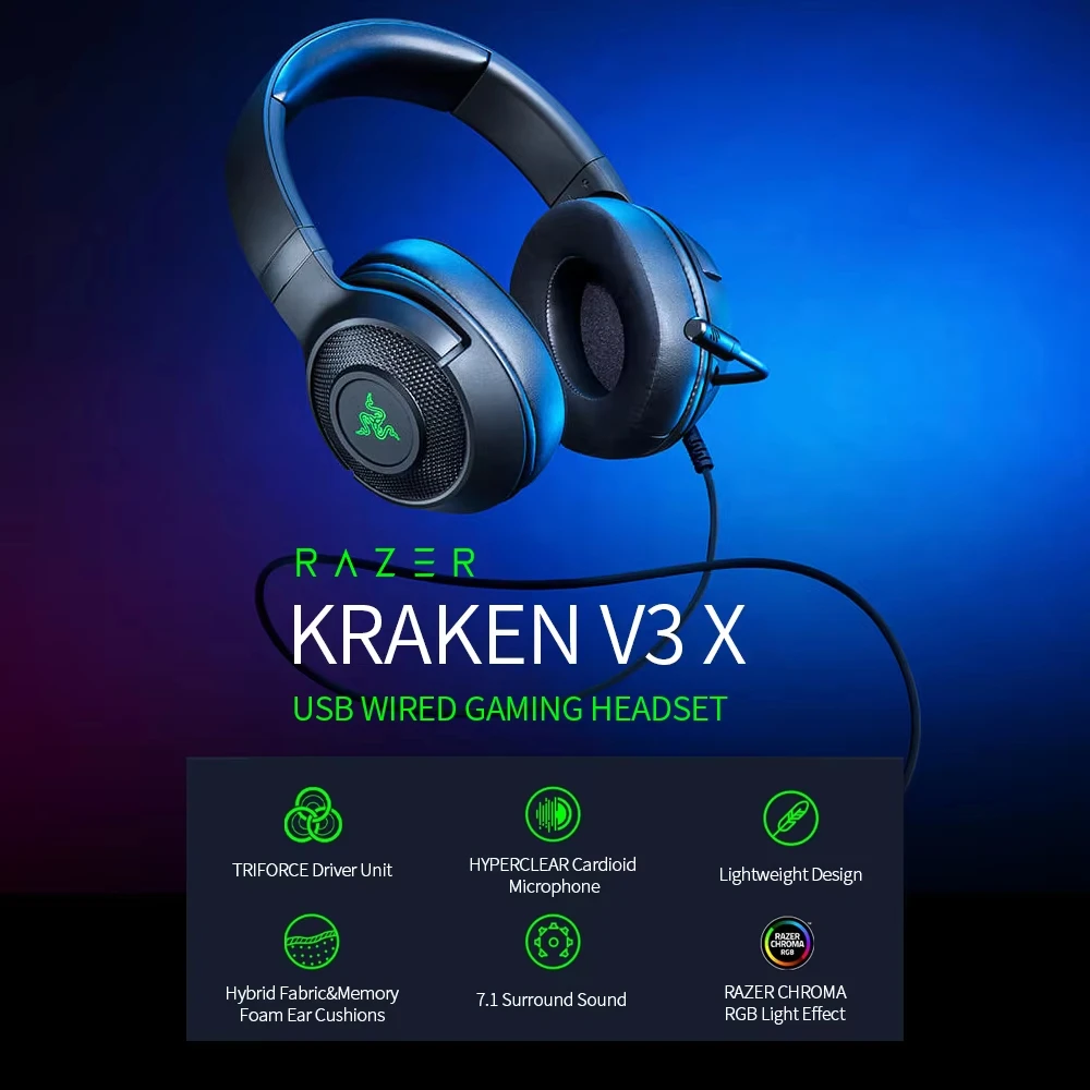100% Original Razer Kraken V3 X - Wired USB Gaming Headset ,HyperClear Cardioid Microphone, 7.1 Surround Sound, RGB Chroma