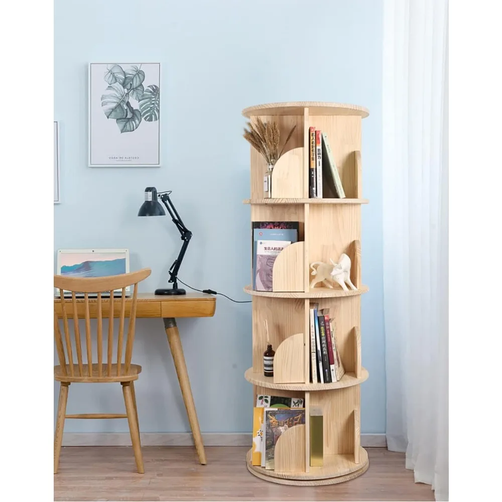 Library Furniture，360 degree rotating 4-layer stackable solid wood storage display rack, floor standing Library Furniture