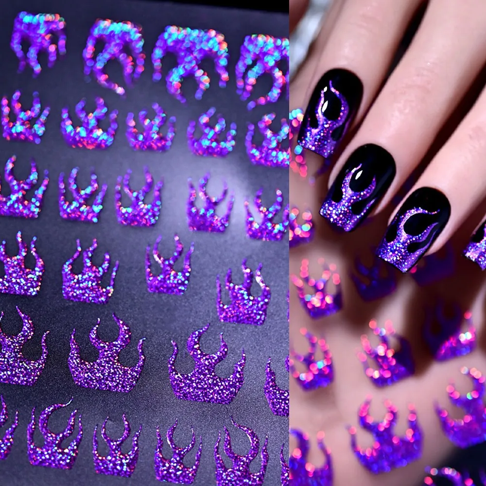 Image of 1 Blatt 3D Glänzende Glitzer-Lila-Flammen Nagelaufkleber Holographische Flammen Französische Nagelsticker Selbstklebende Halloween-Nageldekoration