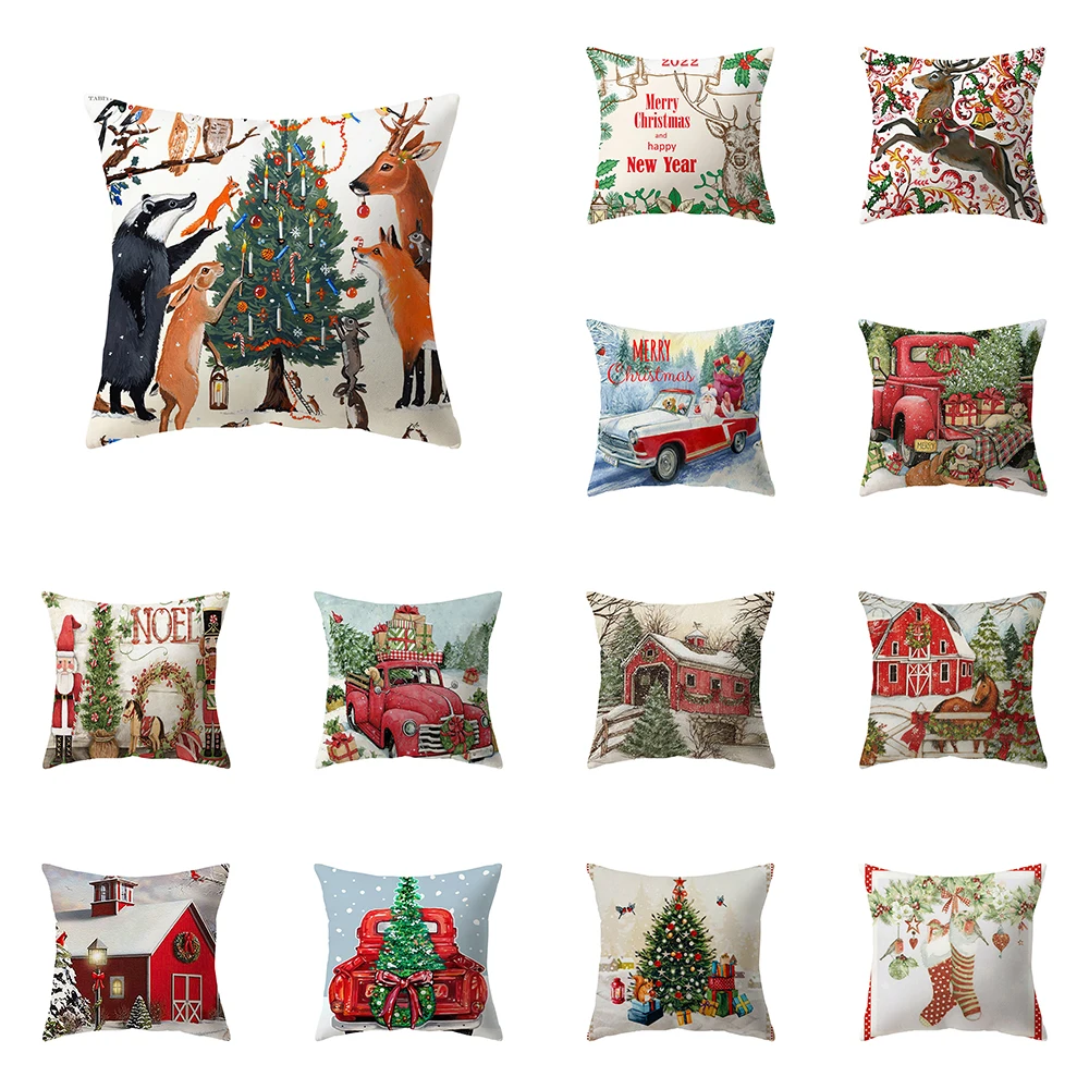 Merry Christmas Atmosphere Printed Pattern Cushion Cover Home Living Room Sofa Decoration Polyester Pillow  