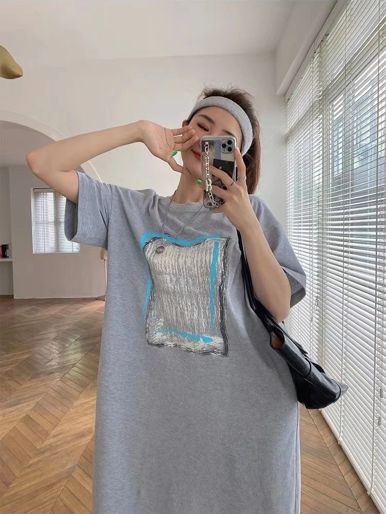 ฤดูร้อนสบายๆเกาหลีแฟชั่นการพิมพ์ Oversize หลวมยาว T เสื้อรอบคอแขนสั้นชุดผู้หญิง Vestido