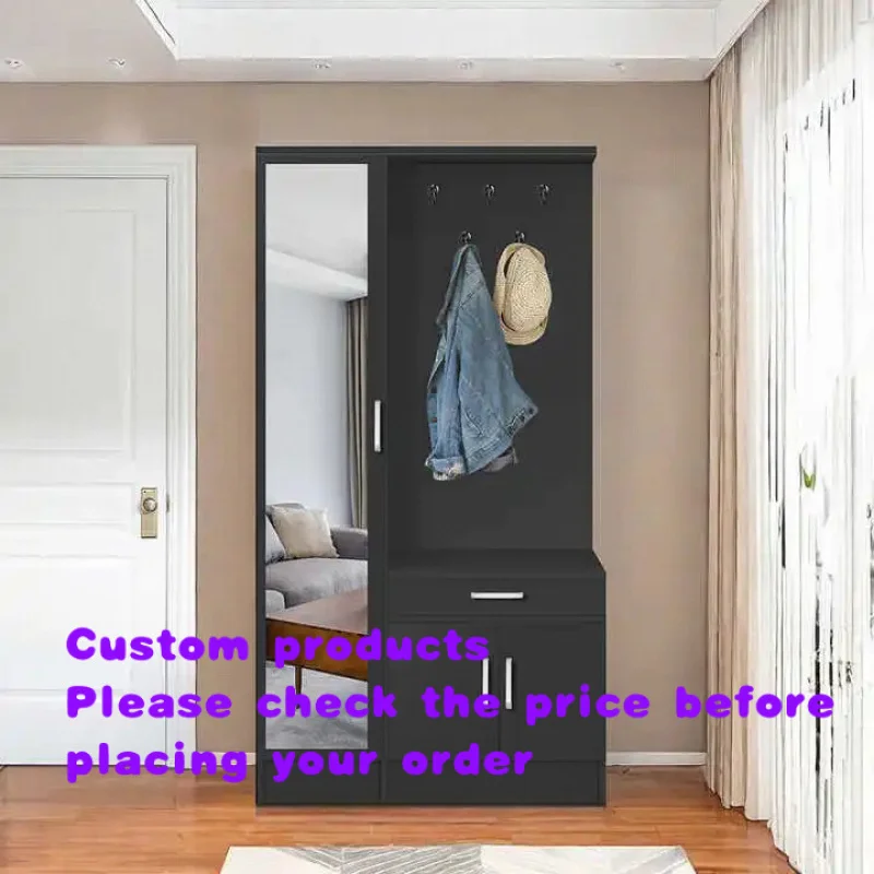 custom.Fashionable Minimalist Modern Design Black Multifunctional Steel Shoe Cabinet Entrance Wardrobe With Mirror and Hangers