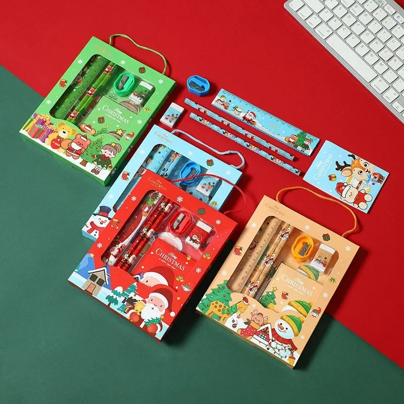 Christmas Stationery Gift Box Cartoon Santa Claus Snowman Elk Pencil Eraser Ruler Notepad Merry Christmas Decor For Kids