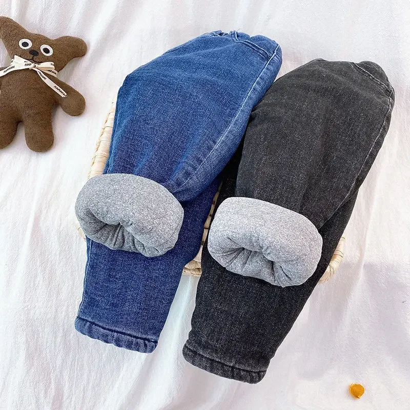 Kids Winter Boy Jeans Solid Color Fleece Thermal Casual Denim Trousers for Toddler Boys Clothes Cotton-padded 2T Baby Warm Pants