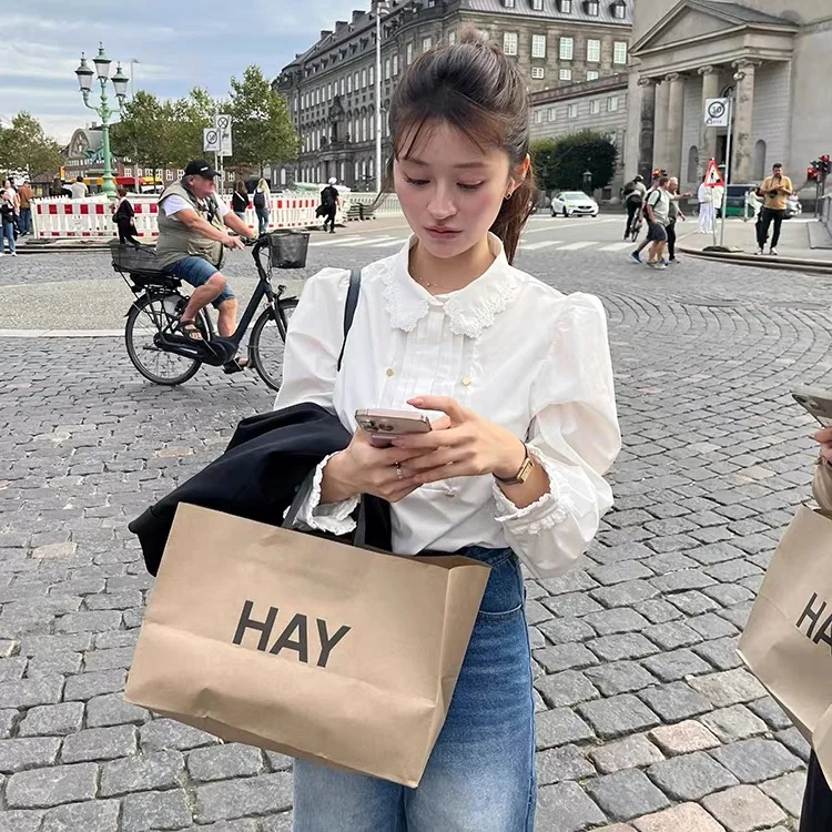 

Bibi Button-Up Shirt with Pleated Loose Fit Long Sleeve Doll Collar Formal Women's Premium Shirt Resistant to Deformation