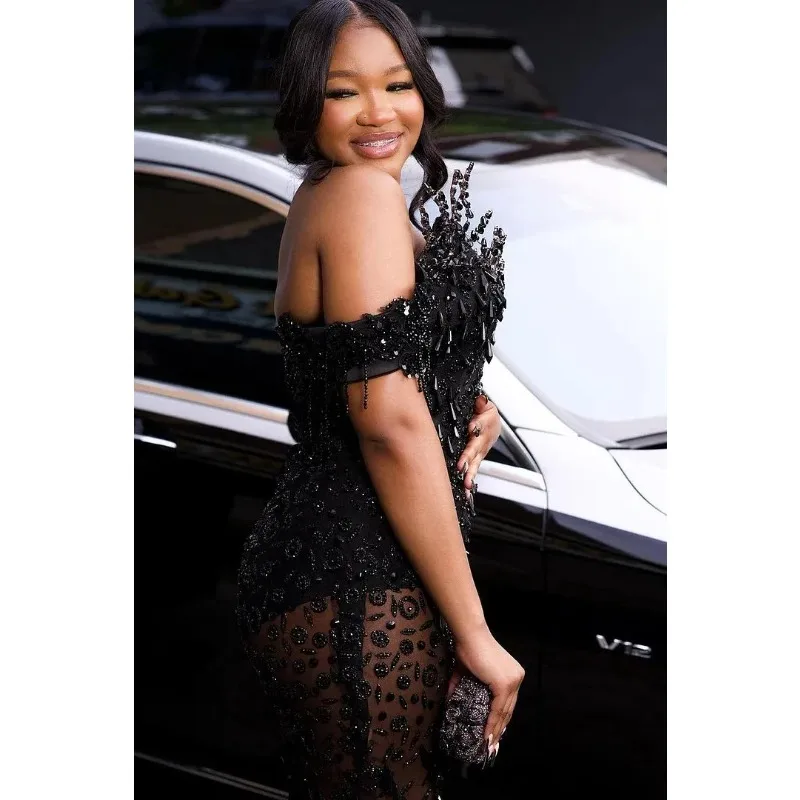 블랙 댄스 파티 드레스 인어 아프리카 아랍어 이브닝 가운 파란색 크리스탈 긴 파티 드레스 생일 드레스 맞춤형