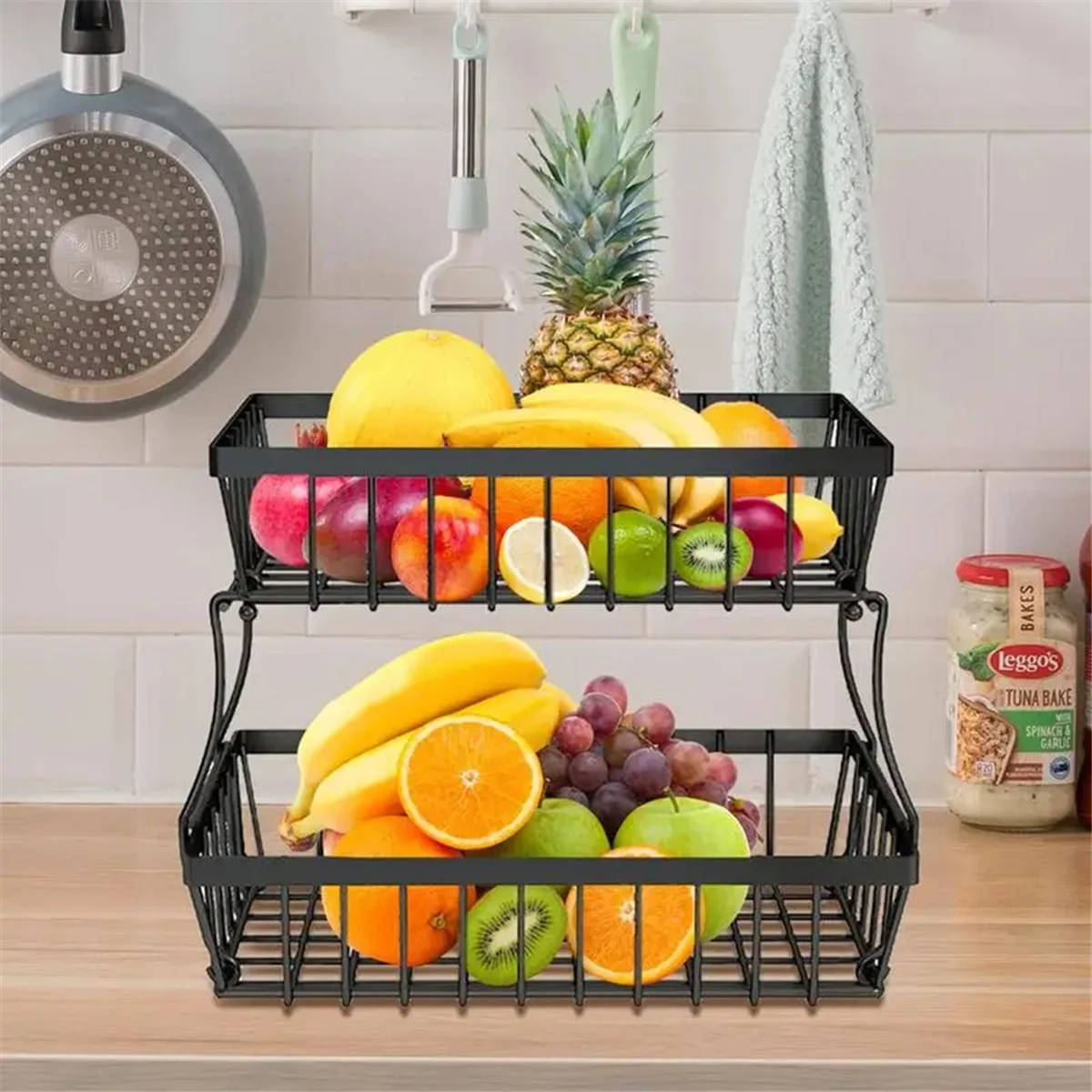 2 Tiers Fruit Basket Metal Fruit Bowl Bread Baskets Countertop Vegetable Storage Stand for Kitchen Accessories