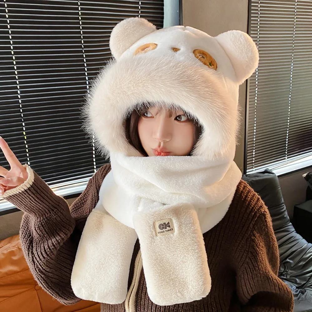 

Fashion 3 in 1 Capybara Hat Scarf Set Panda Warm Furry Scarf Cap Set Thickened Ear Protection Scarf Hat Glove for Women Girls