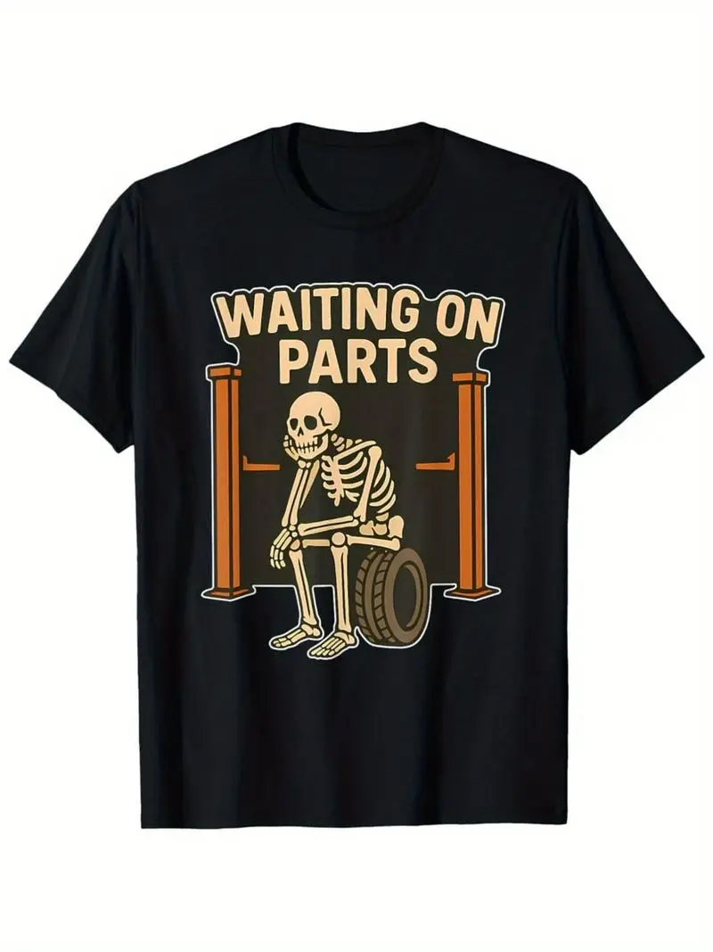 Funny Waiting On Parts Wheelchair Skeleton T-Shirt Soft Breathable 220Gsm Cotton Relaxed Fit Unisex Tee Wheelchair Design Gift