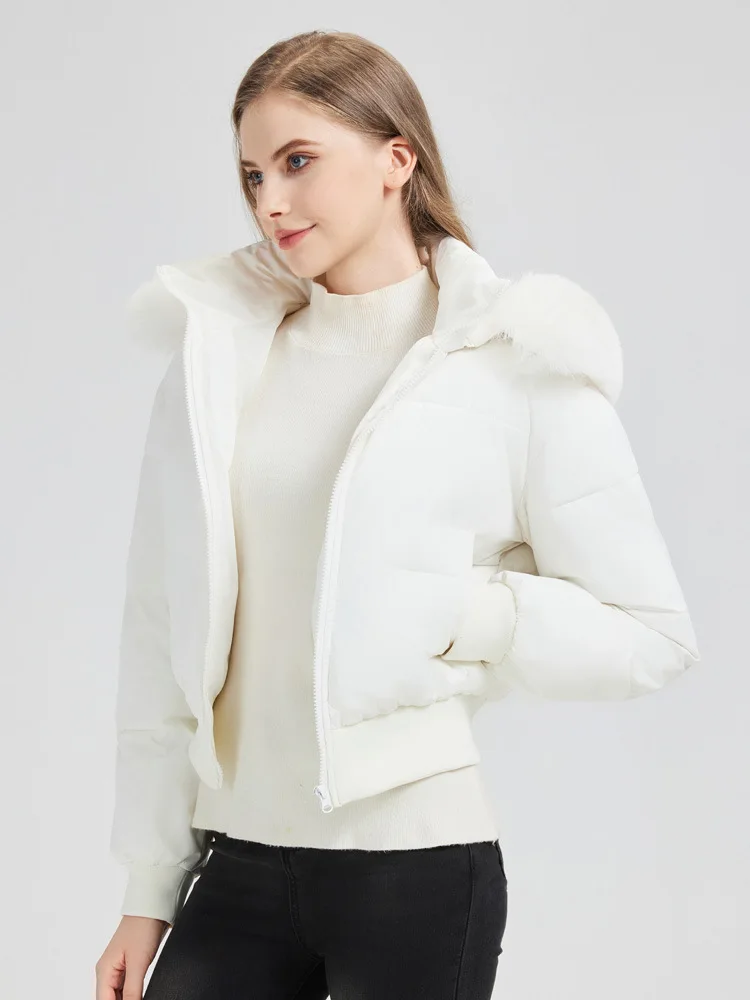 Veste rembourrée à col en fourrure pour femme, manteau court en coton, manches longues, fermeture éclair, Chic, ample, épais et chaud, hiver