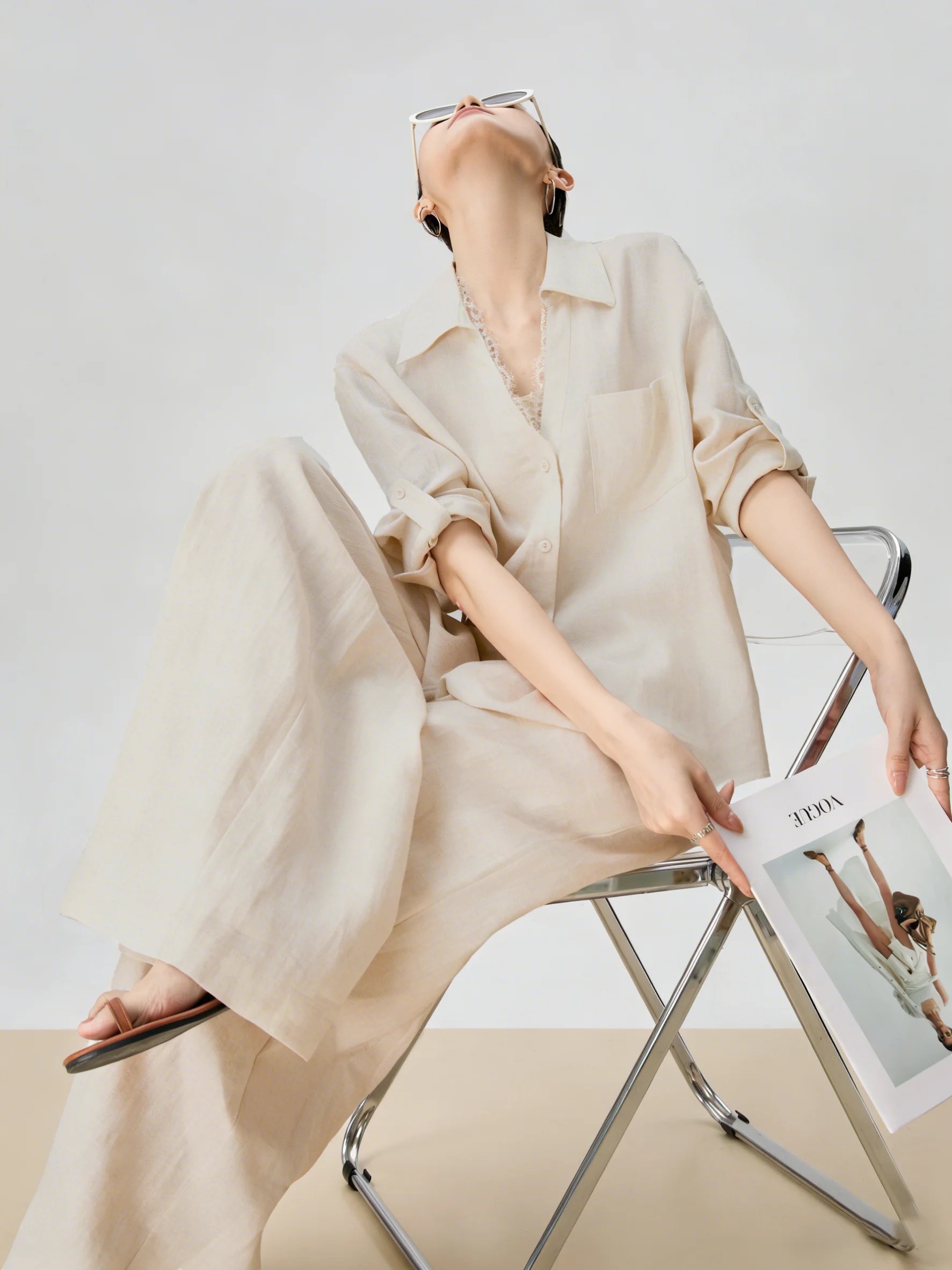 

Lace Splicing Linen Shirt Wide Leg Pants Set Women's 2026 Super Popular High Waist Casual Style Spring Fashion Ensemble