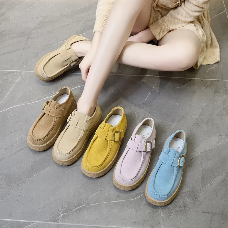 

Women Loafer Shoes Genuine Leather 2025 Autumn New Suede Platform Kangaroo Shoes Women Wedges Belt Buckle Slip-on Shoes Women