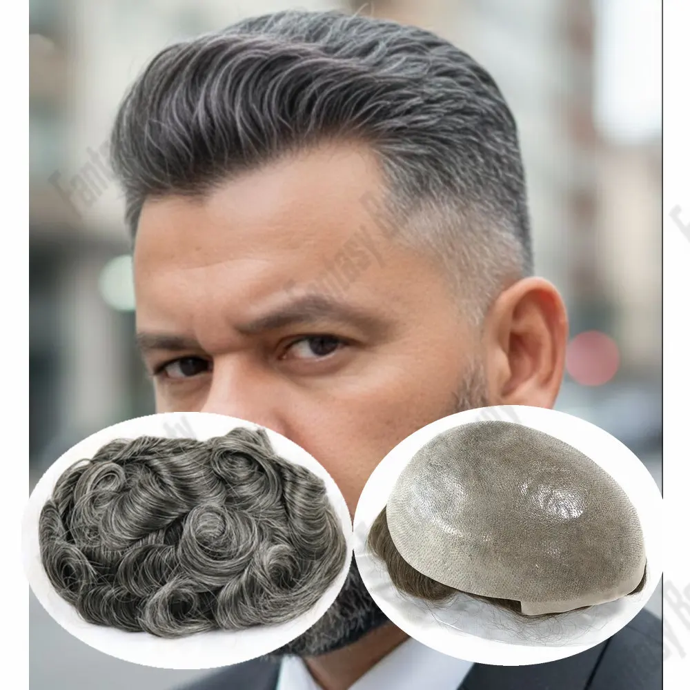 

Незаметный мужской парик из натуральных человеческих волос, 0.06 мм, прочная силиконовая основа V-образной формы, ультратонкая, серо-белая (1b50, 1b80), протез для волос
