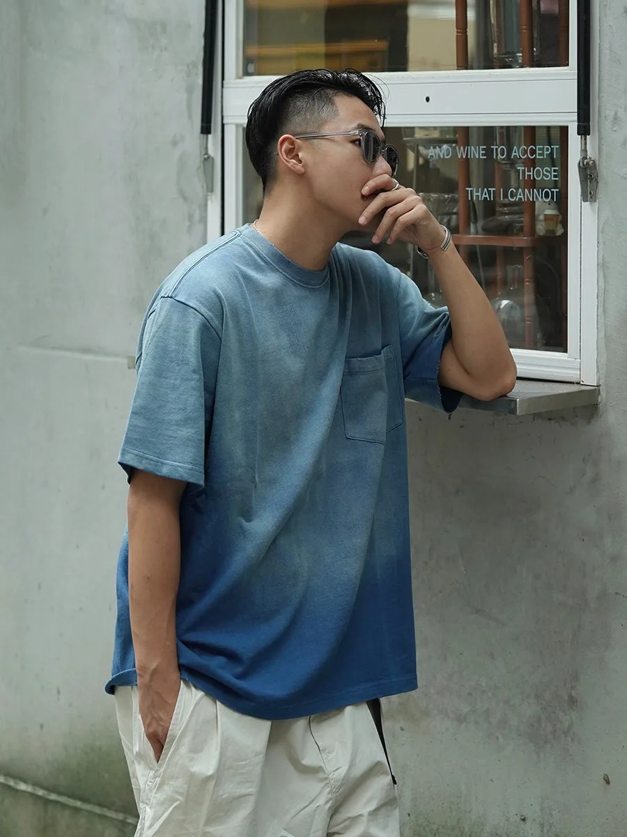 Japanese Retro Washed Distressed Dye Short Sleeved T-shirt for Men's Trendy Loose Casual Short Sleeved Top