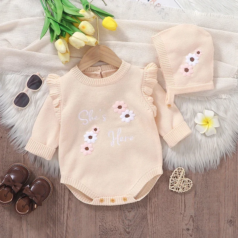 

Newborn Baby Bodysuits Knit Infant Girls Jumpsuit Long Sleeve Autumn Kid Clothes Hat 0-18M 2PCS Romper Fashion Ruffle Embroidery