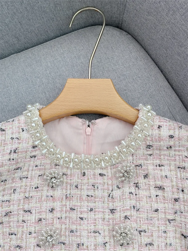 Light Pink Lace Prom Dress Round Neck Short Sleeve Diamond Decorated Elegant Mini dress