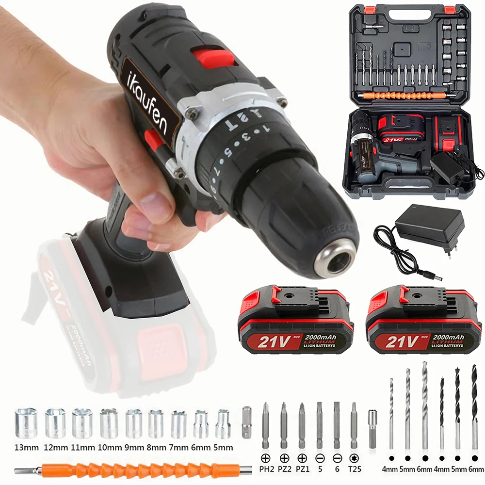 Juego de Taladro Percutor Inalámbrico de 21V, Taladro de Impacto con 25 Ajustes de Torque, 2 Velocidades, Luz LED, Batería de 2000mAh, para