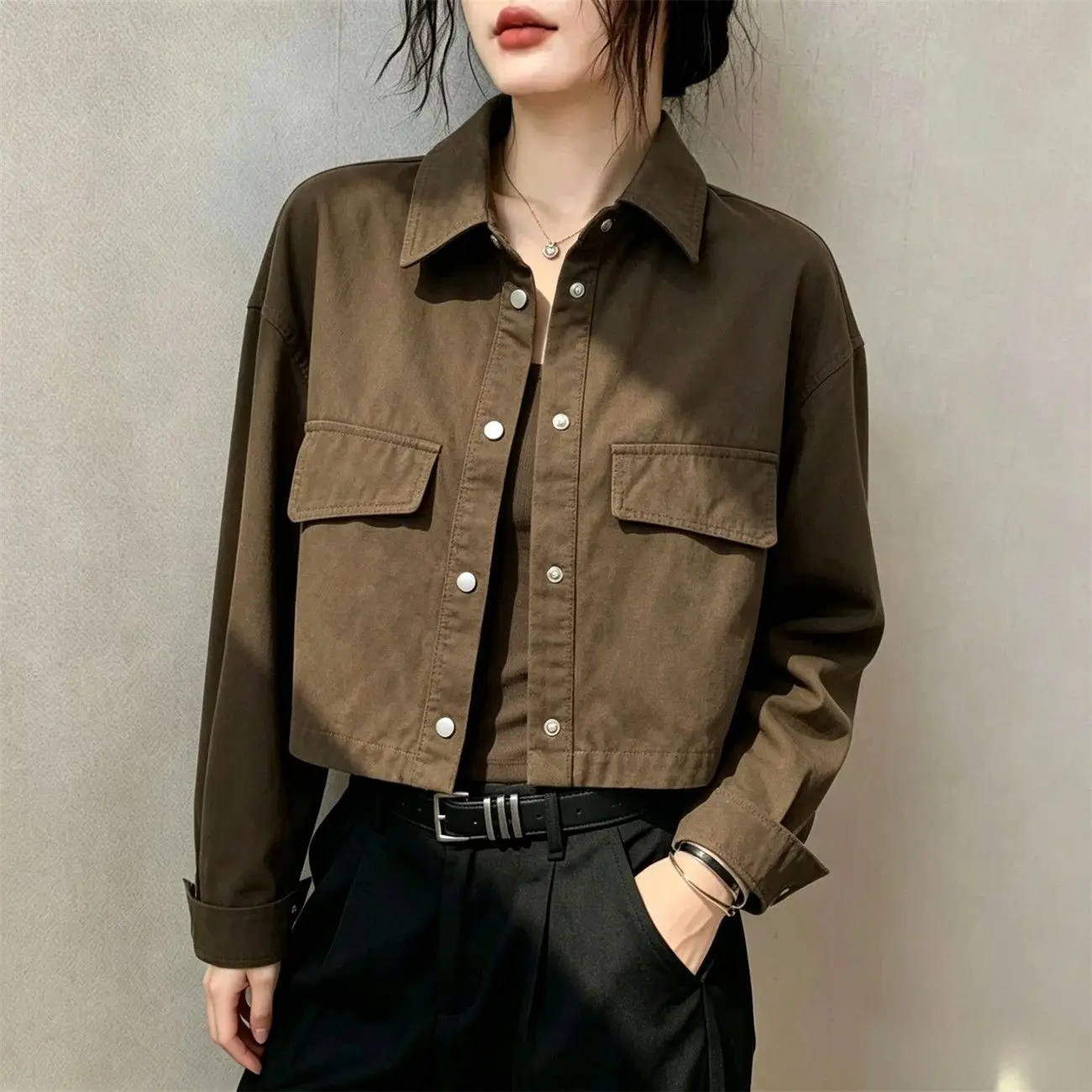 Autumn Winter Thin Short Loose Women's Jacket Korean Style Stand Collar Utility Outerwear Versatile Top for Small Figures